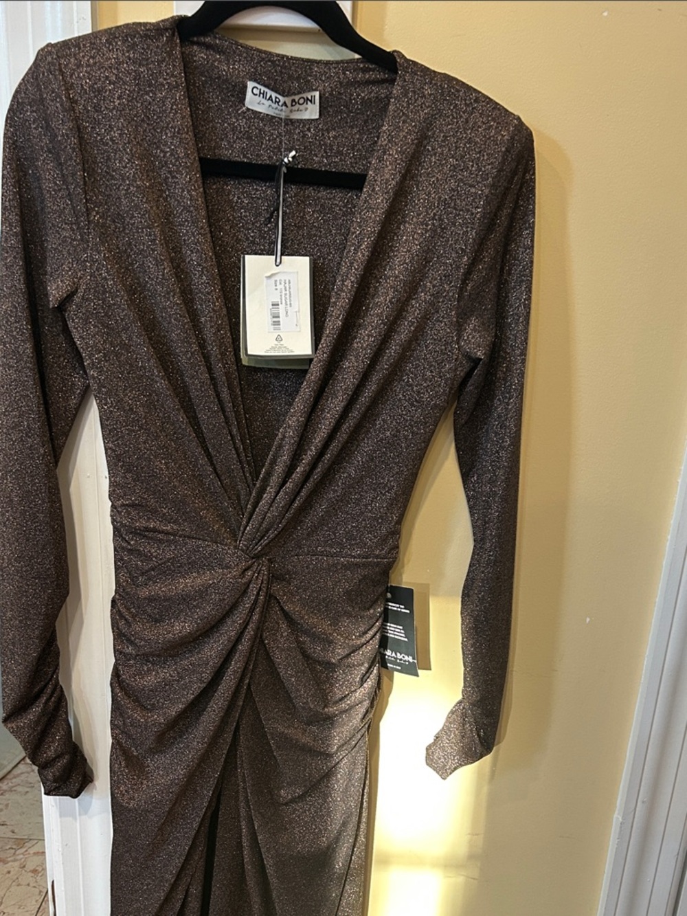 Chiara Boni Metallic Bronze Long-Sleeve Twist Front Evening Gown